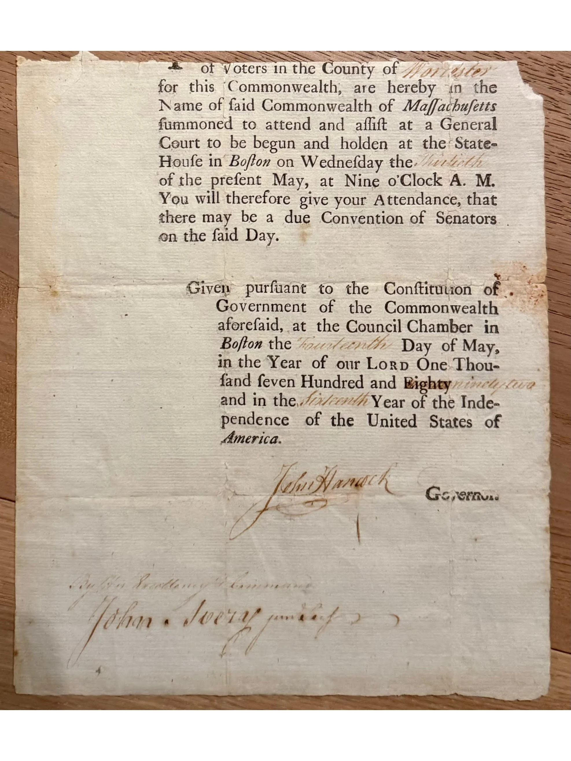John Hancock 1792 Document Signed as Governor of Massachusetts