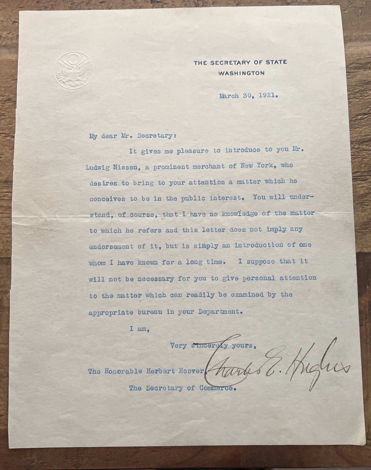 Charles Evan Hughes Typed Letter Signed as Secretary of State - To Herbert Hoover