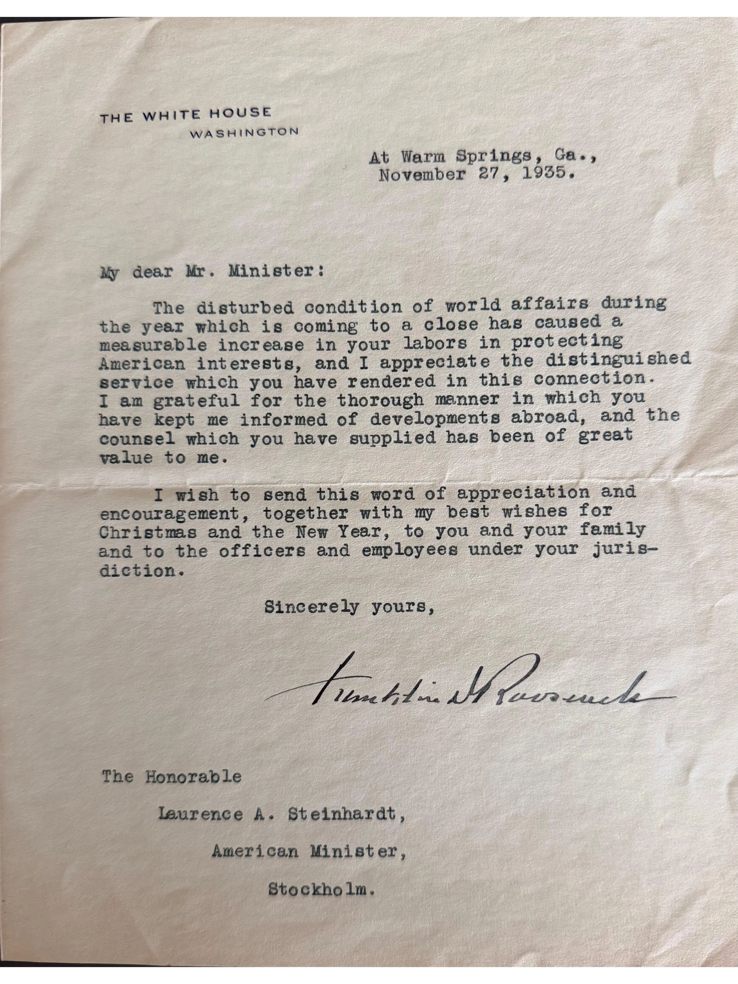 Franklin D. Roosevelt 1935 Typed Letter Signed as President - "The Disturbed Condition of World Affairs"