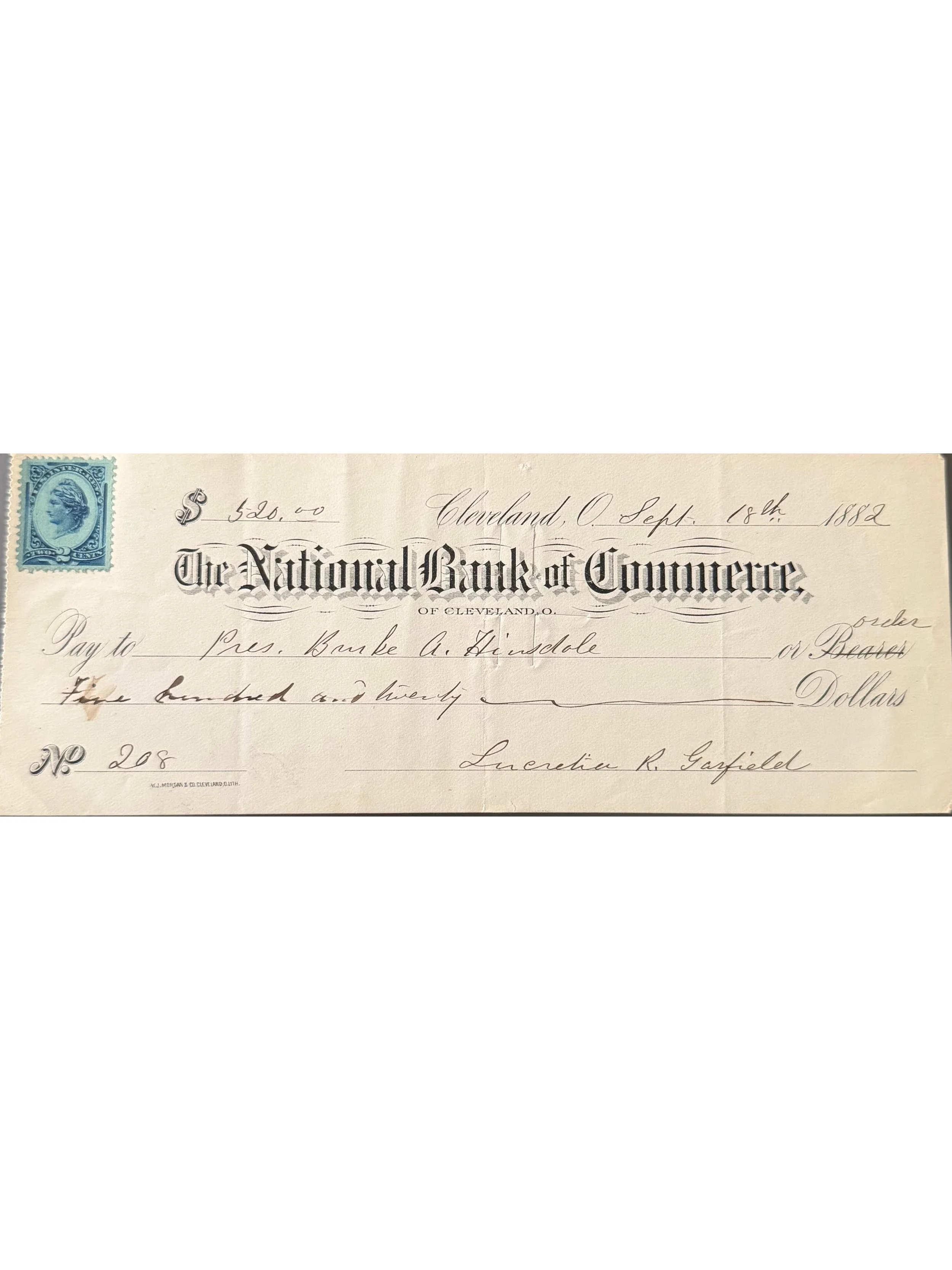 Lucretia Garfield 1882 Bank Check Signed