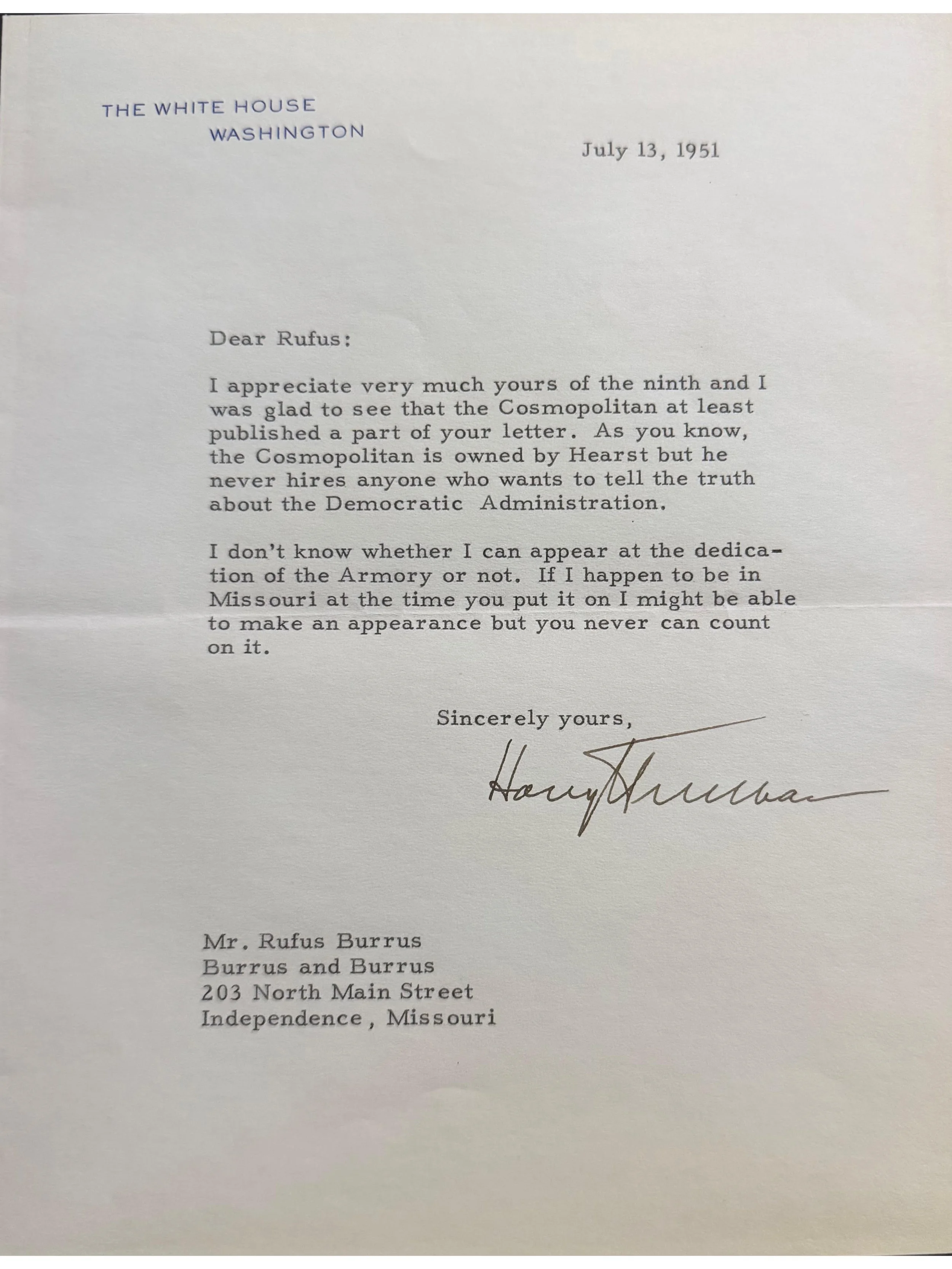 Harry S. Truman 1951 Typed Letter Signed as President - Ripping William Randolph Heart