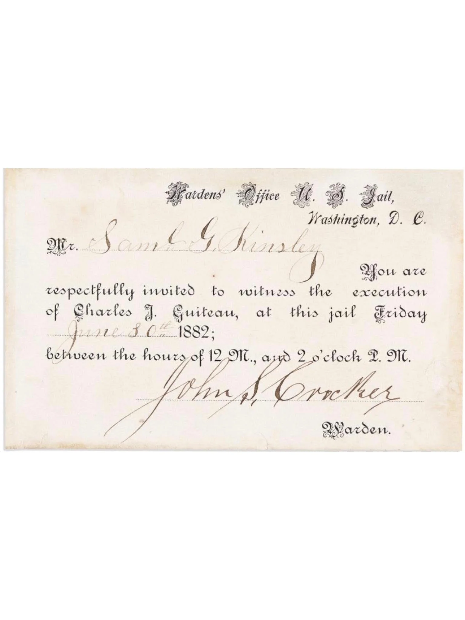 Invitation to The Execution of Charles Guiteau - June 30, 1882