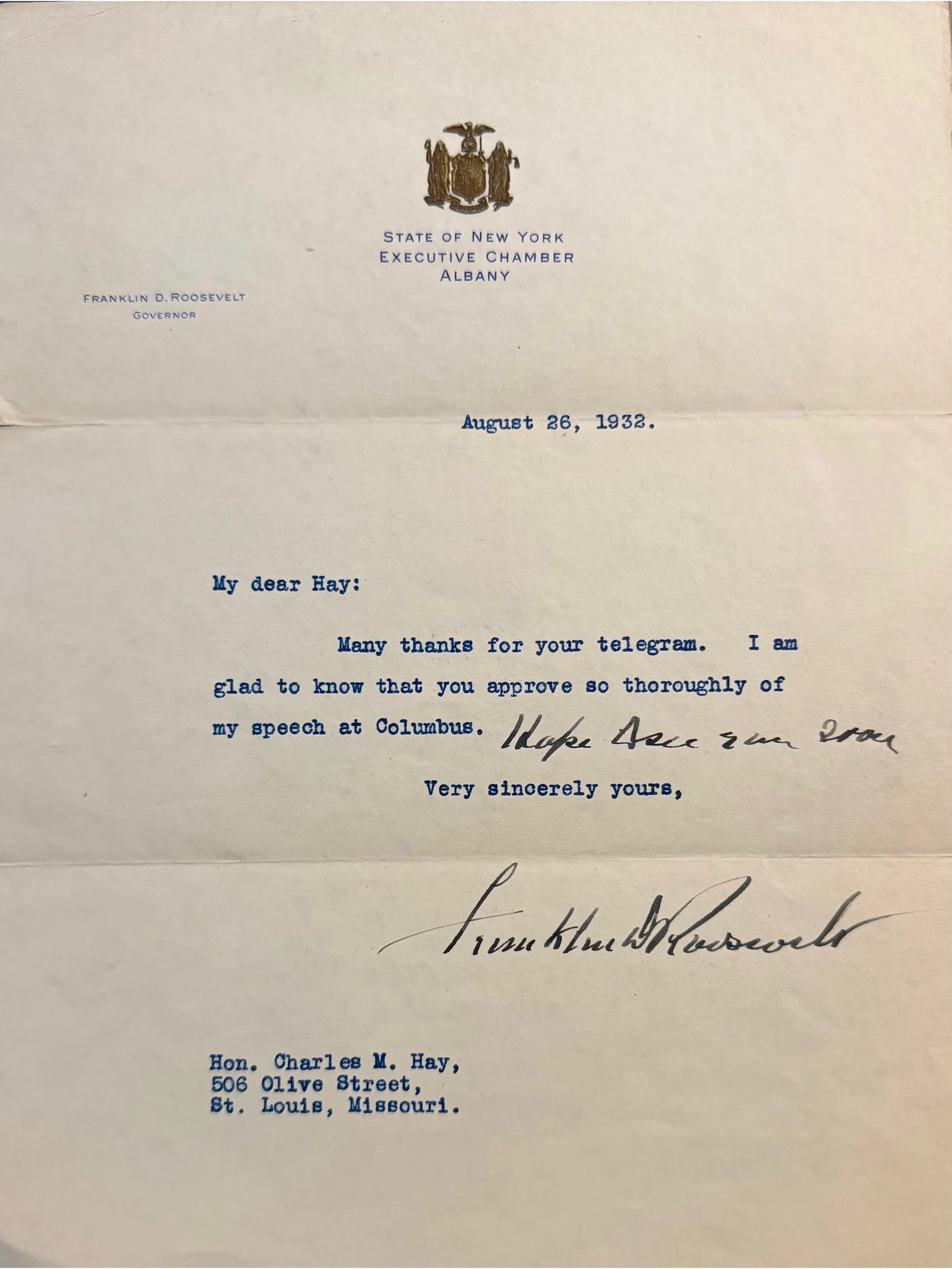 Franklin D. Roosevelt 1932 Typed Letter Signed as Governor and Presidential Candidate