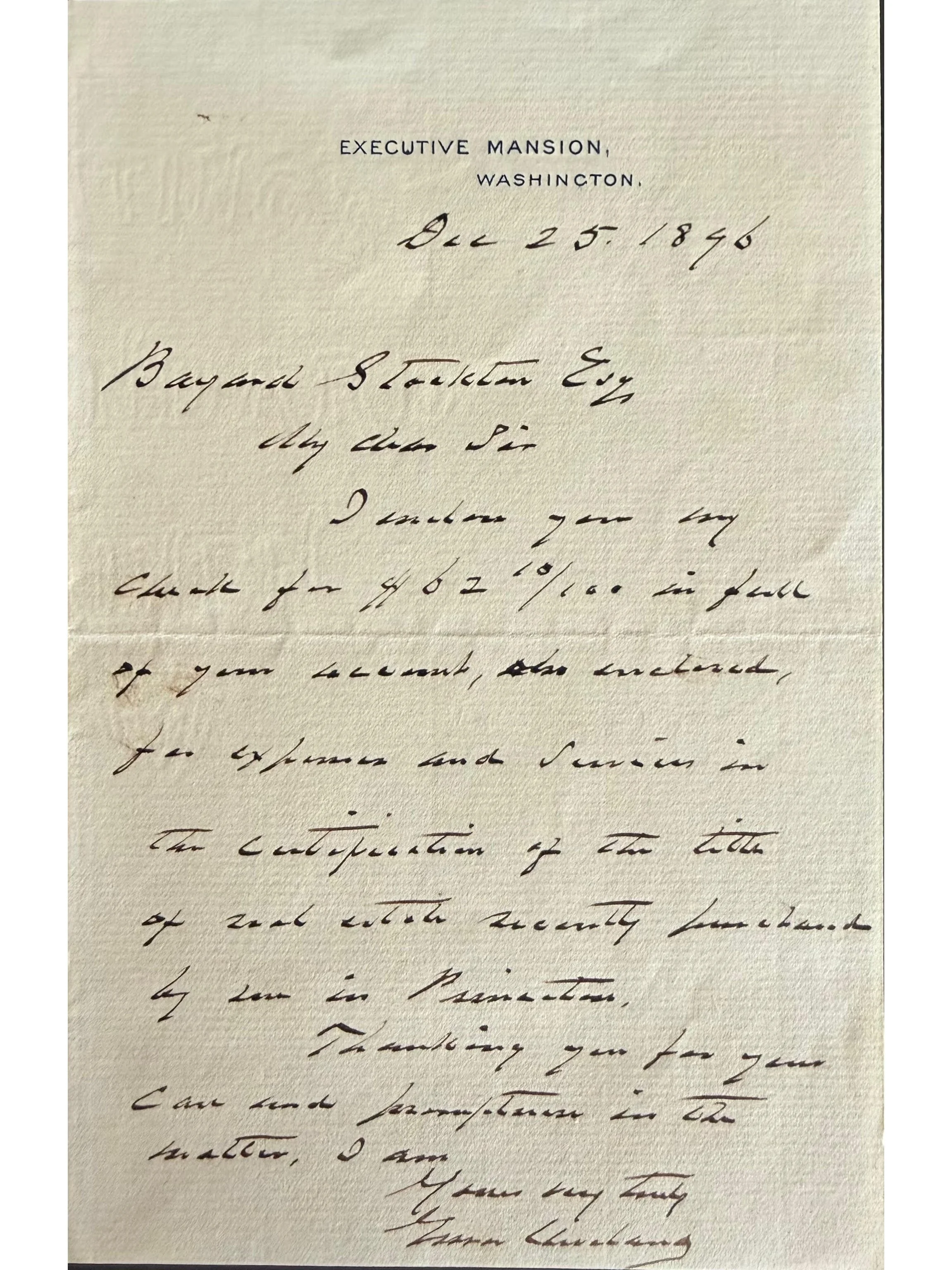 Grover Cleveland 1896 Autograph Letter Signed as President - Even on Christmas Day, Cleveland Is At Work!