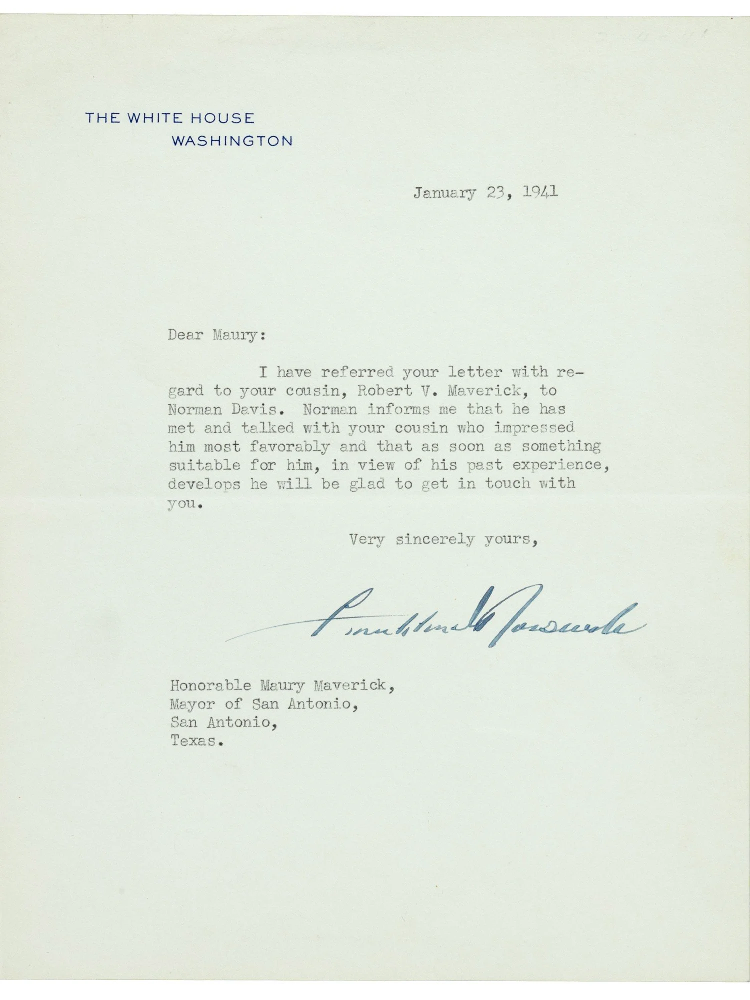 Franklin D. Roosevelt 1941 Typed Letter Signed as President - To The Mayor of San Antonio