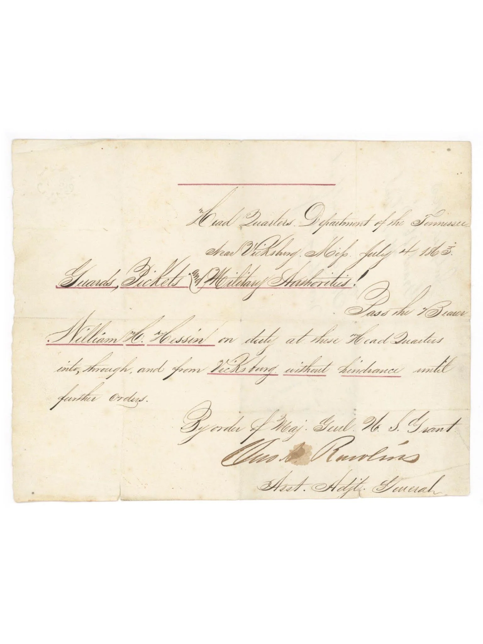 John Rawlins Signed Civil War Union Pass - Signed on July 4, 1863 - Vicksburg Surrender Day