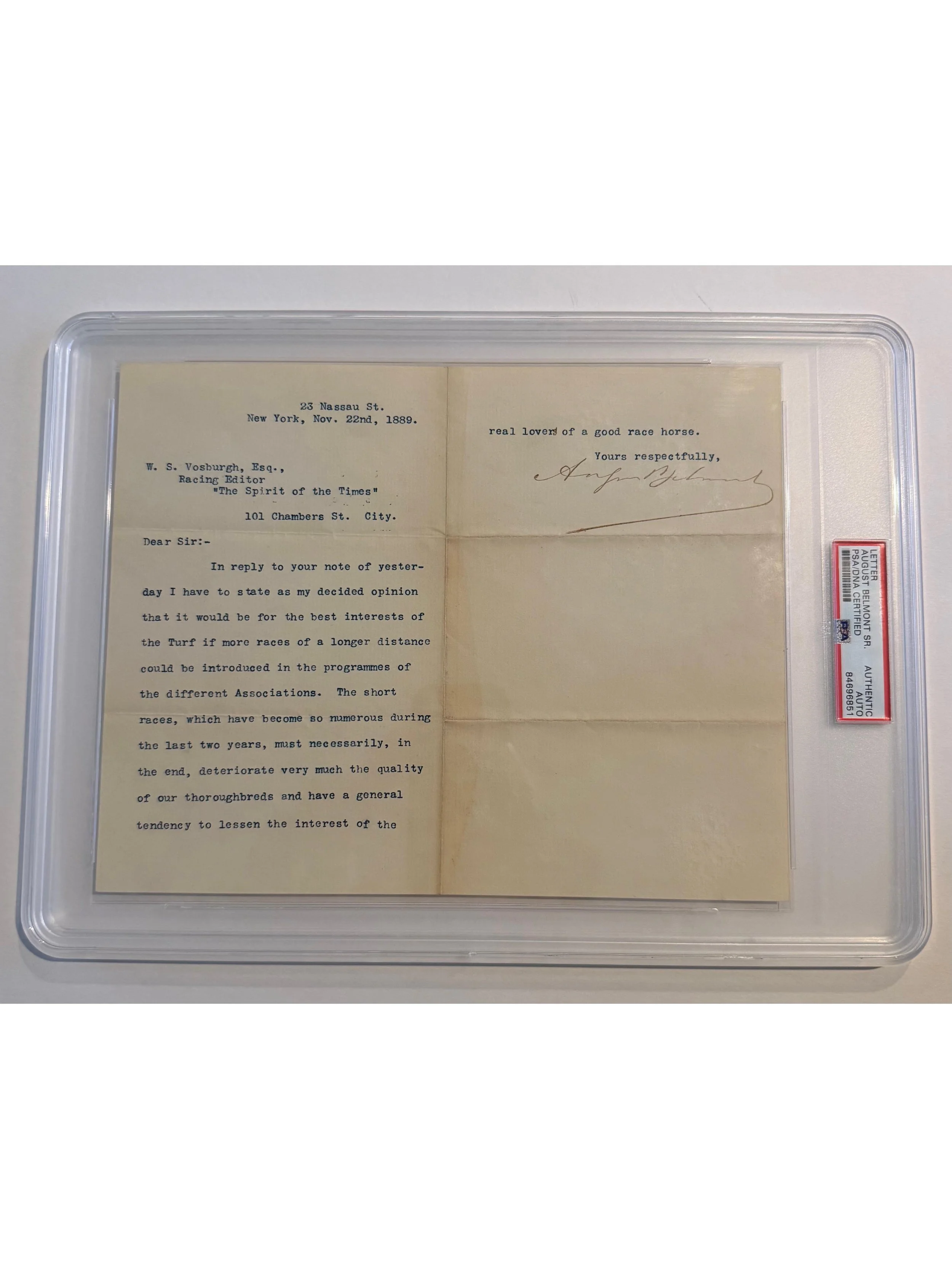 August Belmont Sr. 1889 Typed Letter Signed - Great Horse Racing Content - PSA Slabbed