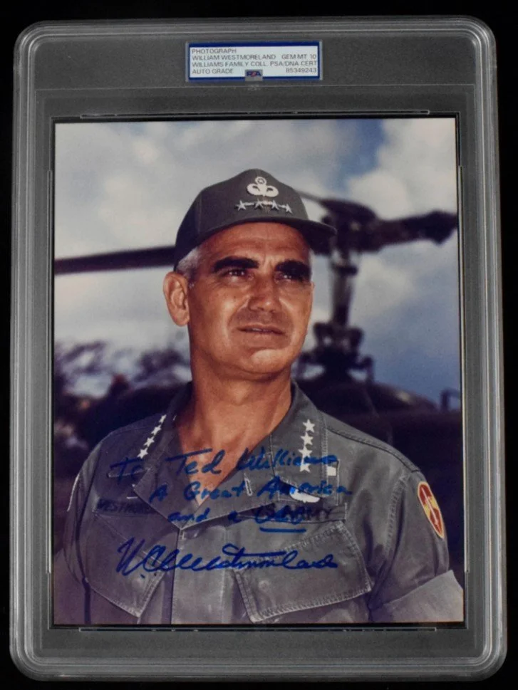 William Westmoreland 8x10 Photo Signed - Inscribed to Ted Williams - PSA Slabbed