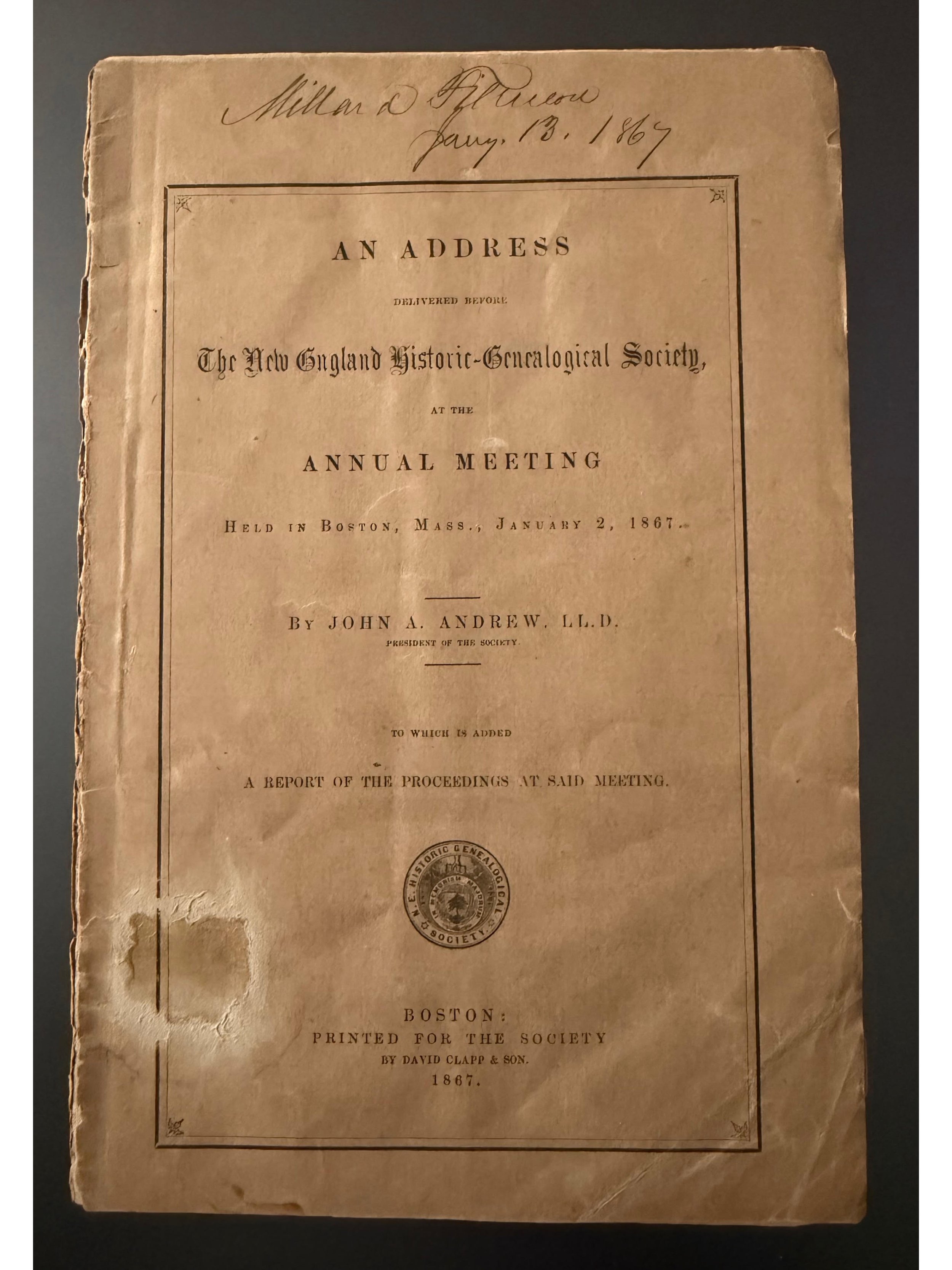 Millard Fillmore Owned and Signed 1867 Booklet