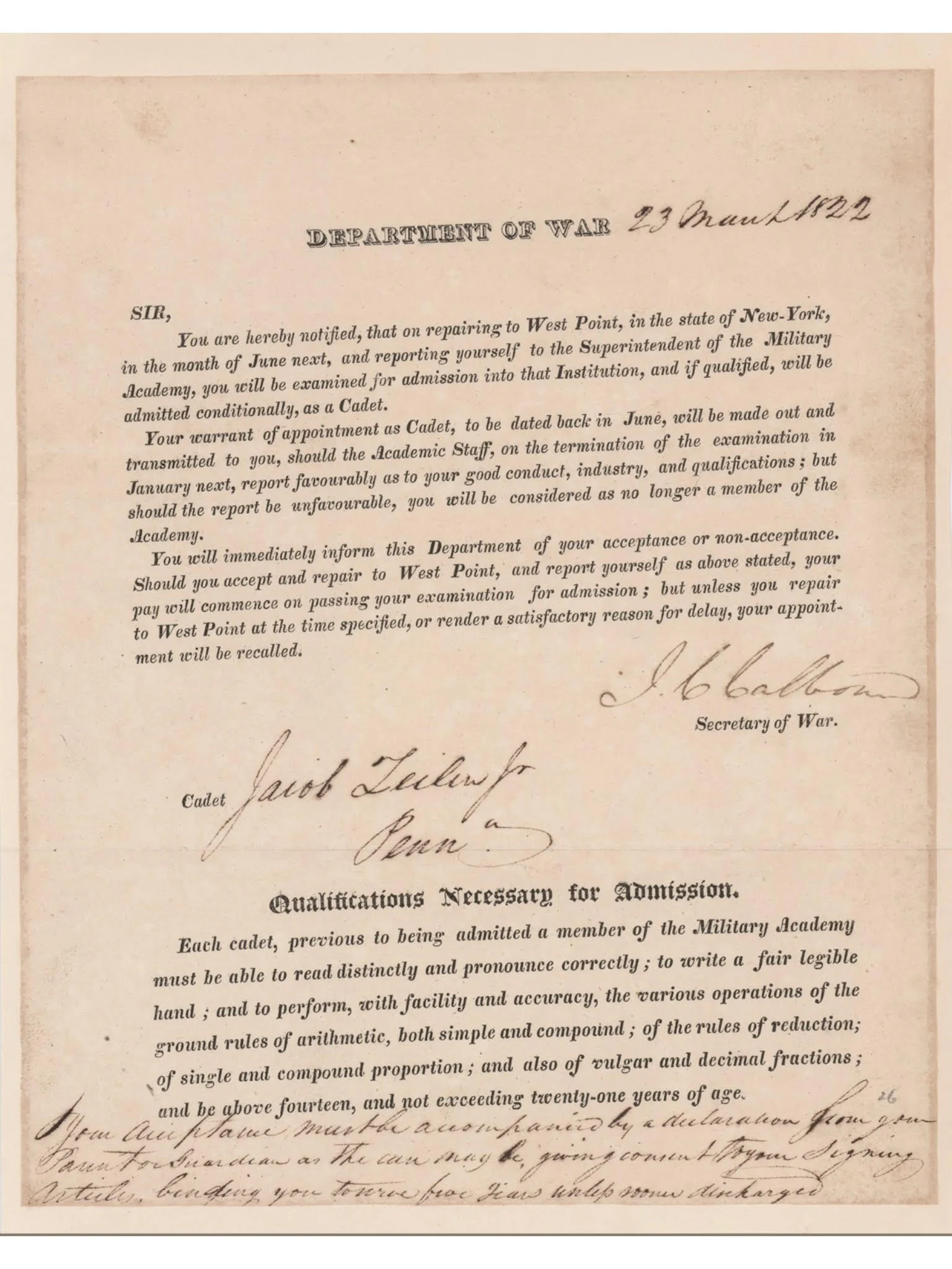John C. Calhoun 1822 Document Signed as Secretary of War - West Point Acceptance for Future Commandant of the United States Marine Corps