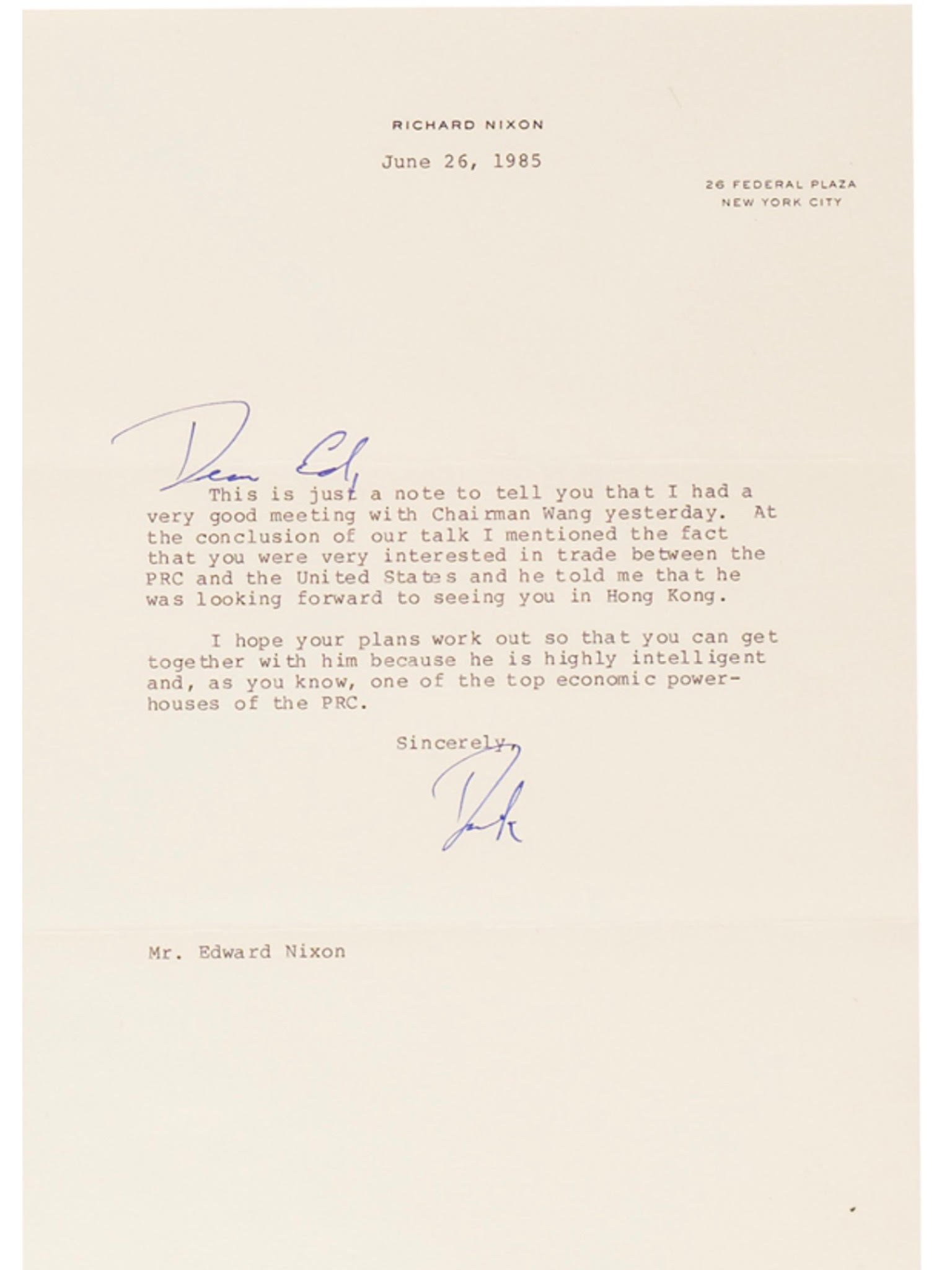Richard Nixon 1986 Typed Letter Signed - To His Brother - "Trade Between The PRC and The United States"