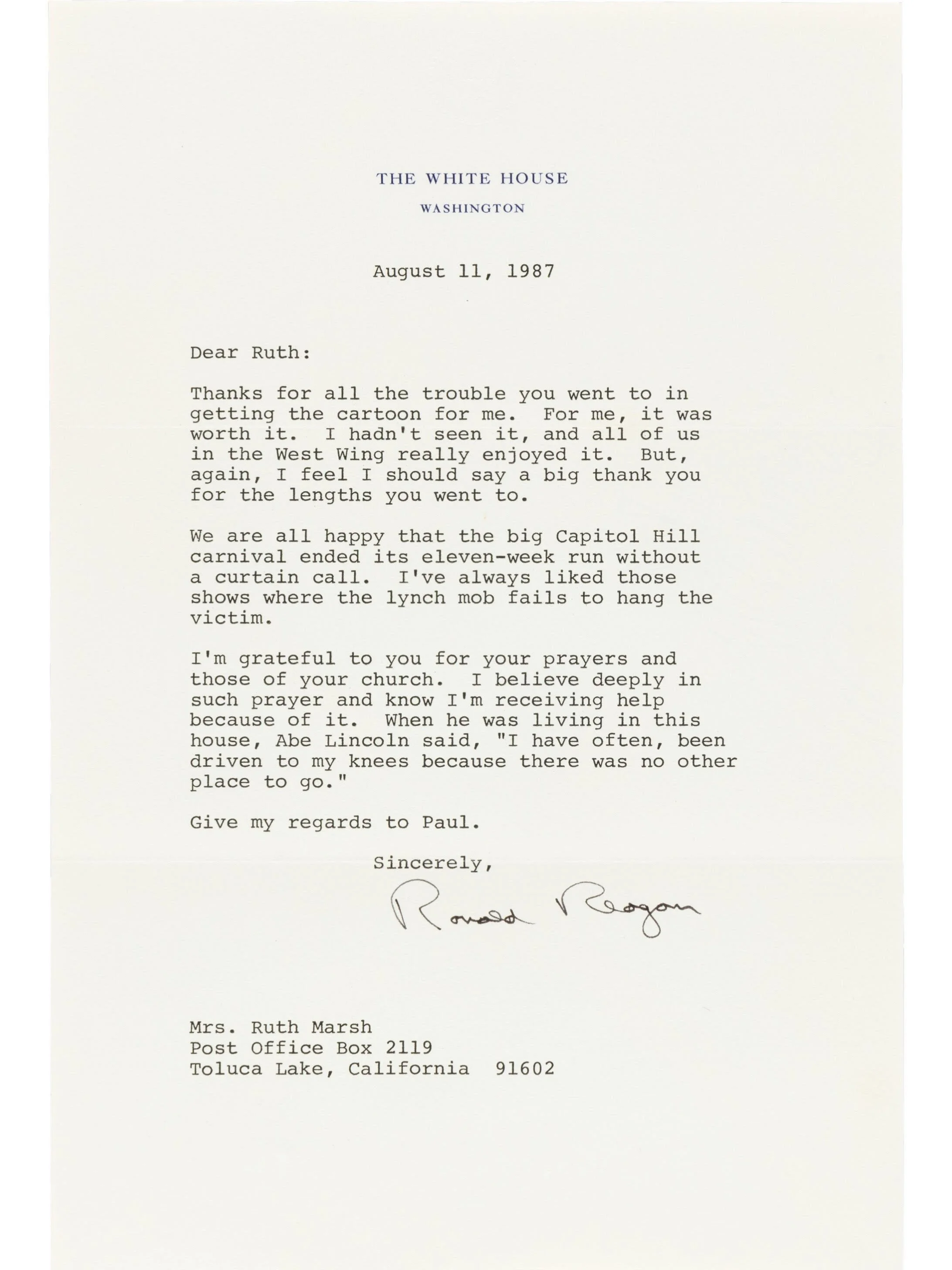 Ronald Reagan 1987 Typed Letter Signed as President - Quoting Abraham Lincoln & Invoking His Belief In, And Reliance On, God