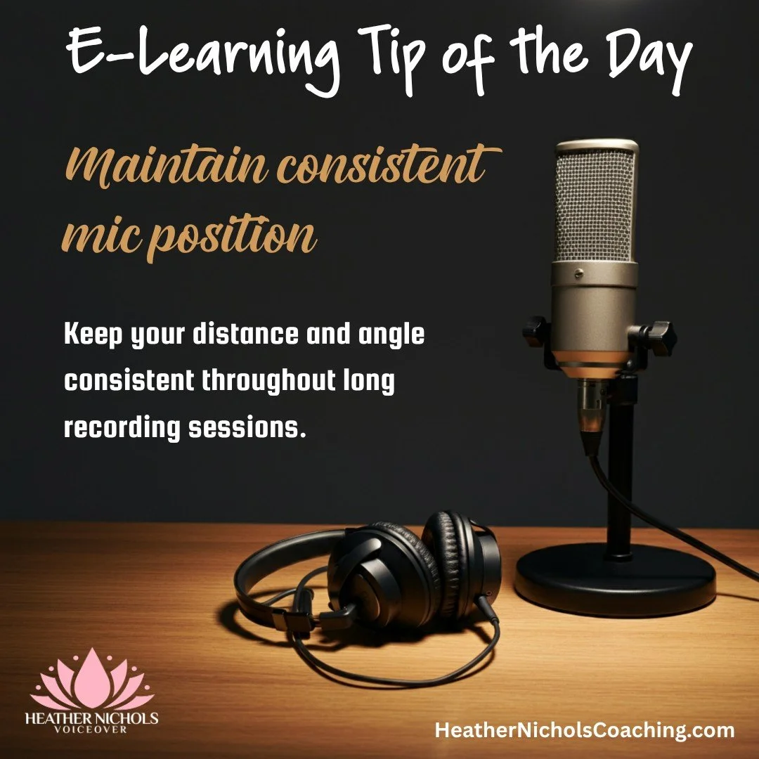 CONSISTENCY IS A SUPERPOWER

You recorded Module 1 on Monday.

Module 8 arrives three weeks later.

Can you match yourself?

E-learning projects are often recorded in pieces, sometimes over weeks or months.

Keep notes on:

&rarr; Pace
&rarr; Tone
&r