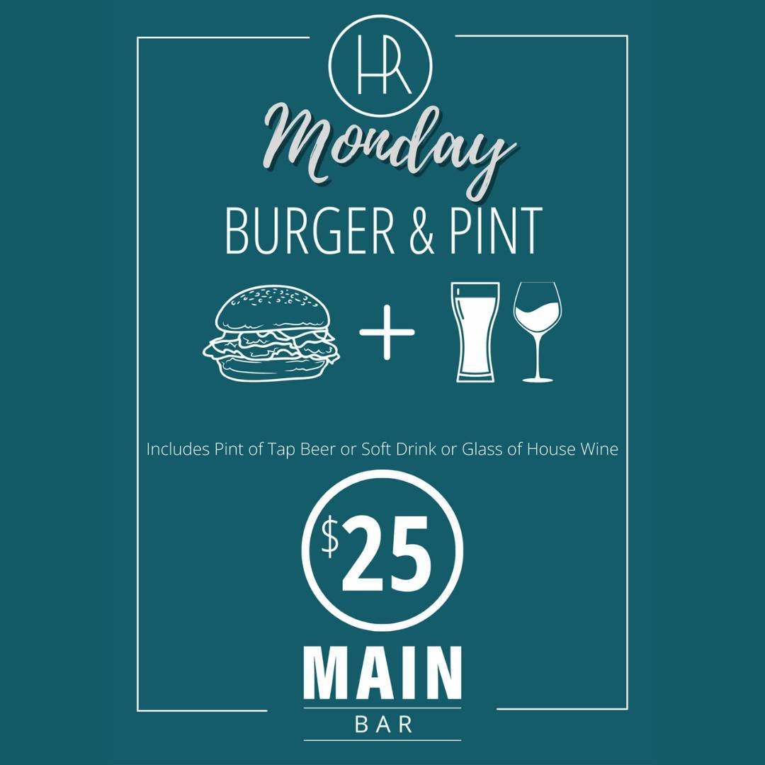 Shake off your Monday blues with the Burger &amp; Pint Meal Deal at our Main Bar. Come and get a Burger 🍔 and a Pint of Tap Beer 🍻, or Soft Drink, or House Wine 🍷 for only $25 😍! 
Find out more about the other meal deals we have through the link 