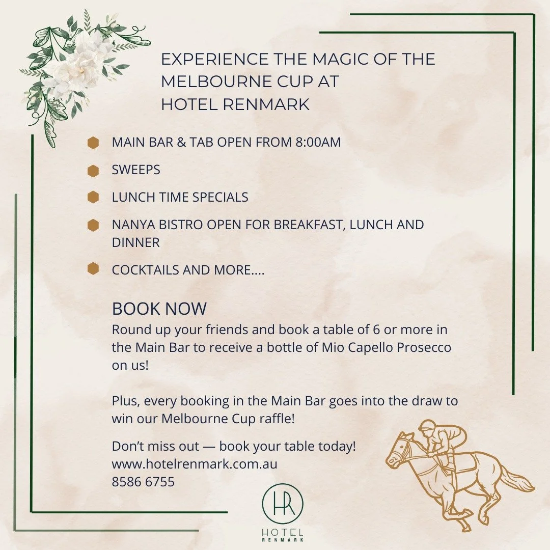 The Race That Stops the Nation is almost here!
Join us this Melbourne Cup Day at Hotel Renmark for a day full of excitement, good food, and great company! 
We’re open from 8am, serving breakfast, lunch, and drinks all day long.
Book a table o