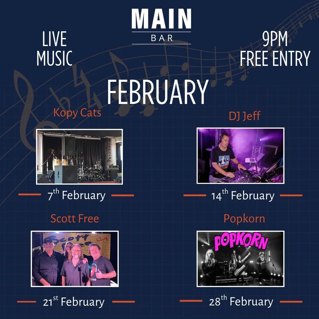 February Band Line-Up at Hotel Renmark 

February is stacked with some of your favourite bands, bringing the energy to the Main Bar from 9pm 
Kick off Saturday Nights early with The Original Happy Hour from 8&ndash;9pm, then settle in for a big night