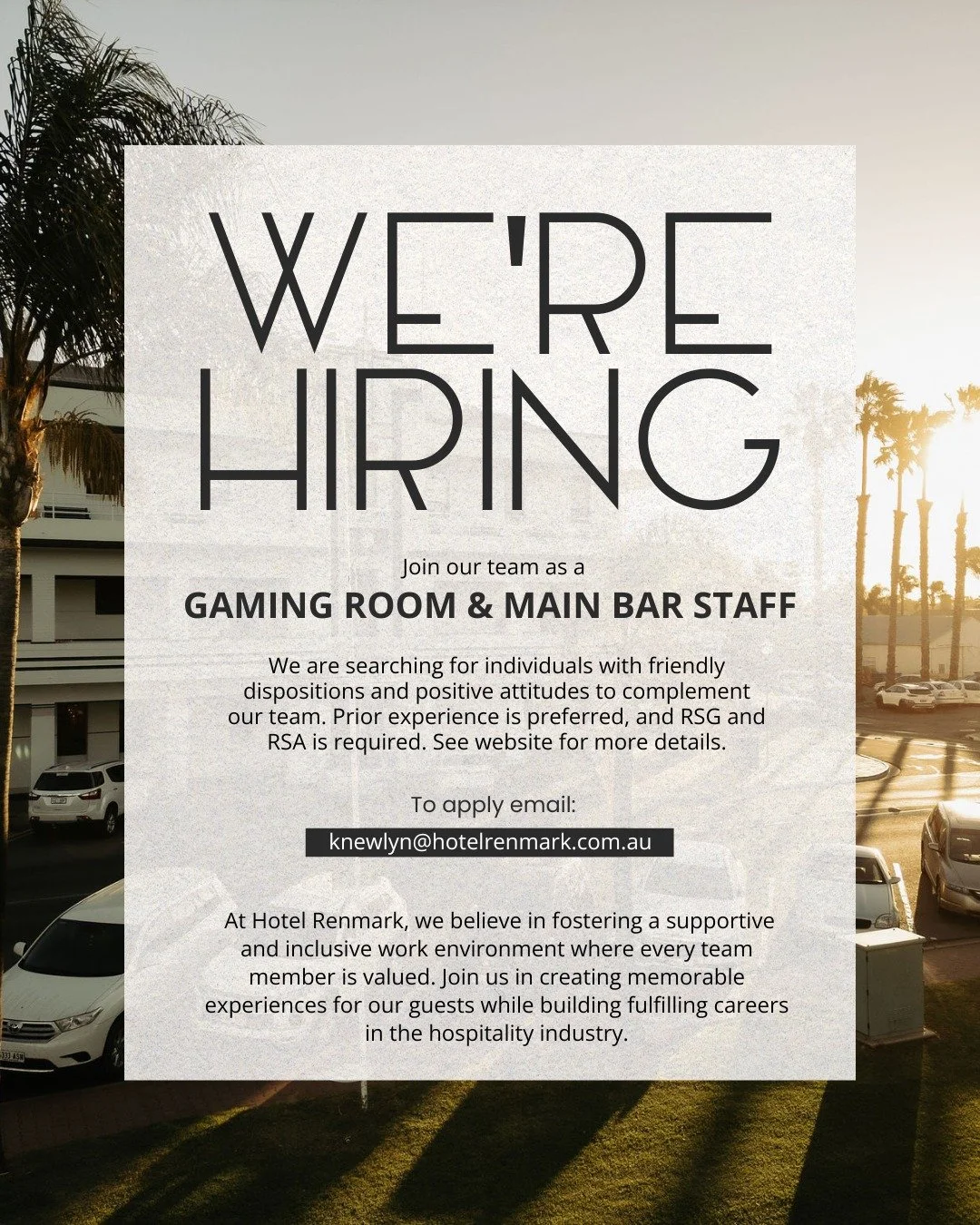 WE&rsquo;RE HIRING!!!

Gaming Room &amp; Main Bar Staff
Casual | Evenings &amp; Weekends
Approx. 20+ hours per week

Looking for a fun, fast-paced job with consistent hours? We&rsquo;re on the hunt for friendly, reliable legends to join our Gaming Ro