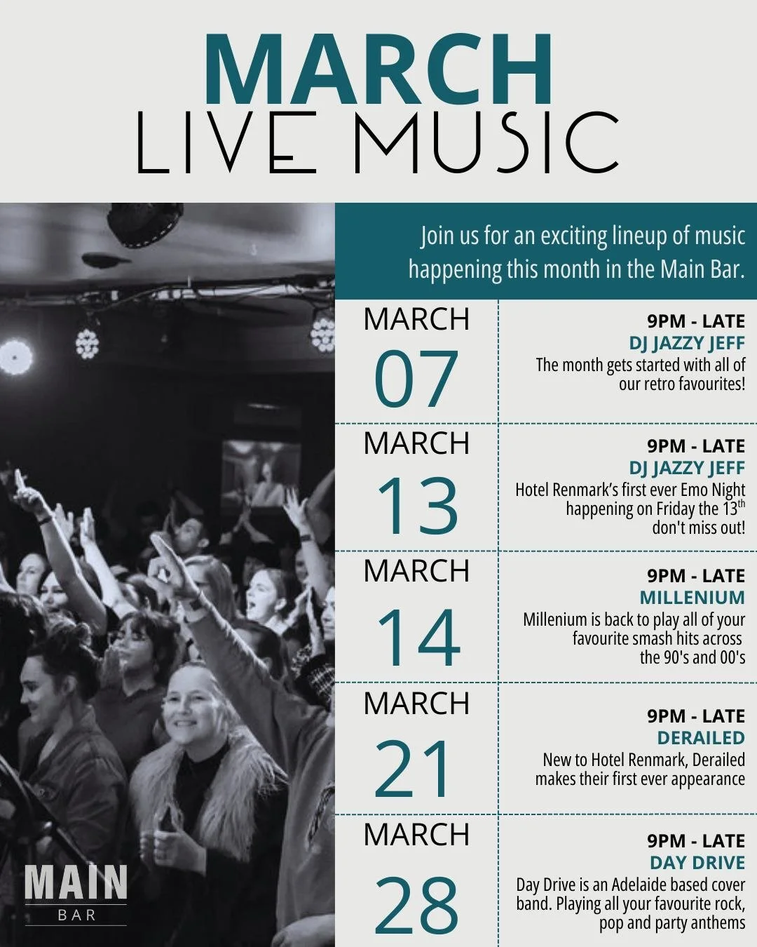 Saturday nights come alive at Hotel Renmark!

Get ready for a month of live music, dancing, and good vibes in the Main Bar. Our Saturday night band line-up is here &mdash; from rock and funk to emo and classics, there&rsquo;s a tune for everyone.

Ma