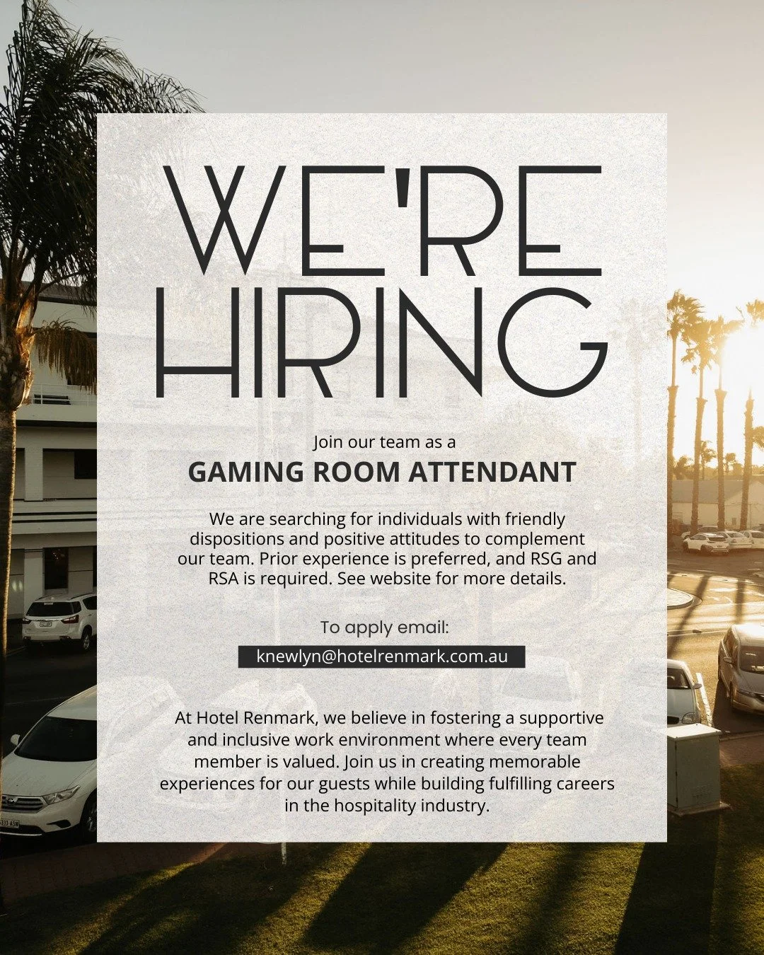 🎰 We&rsquo;re Hiring &ndash; Gaming Room Attendant

Casual Position | Evenings &amp; Weekends | 30+ Hours

Hotel Renmark is looking for a Gaming Room Attendant to join our team.

This role is key to creating a welcoming, safe, and enjoyable environm