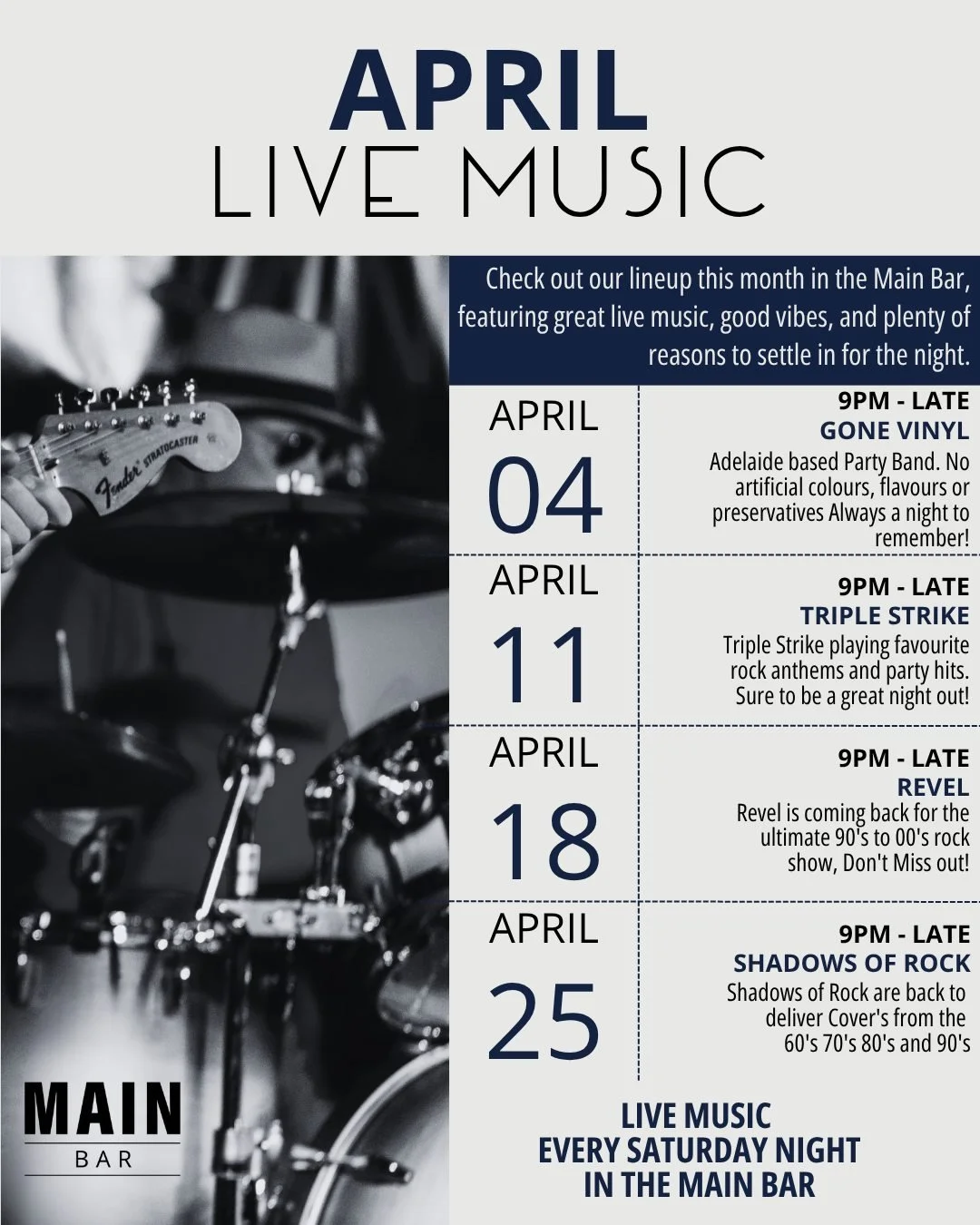 APRIL LIVE MUSIC 🎶

Your Saturday nights = sorted.

Join us in the Main Bar every weekend for live bands, good vibes, and even better company.

From party anthems to throwback rock &mdash; there&rsquo;s something for everyone this month.

📍 Main Ba