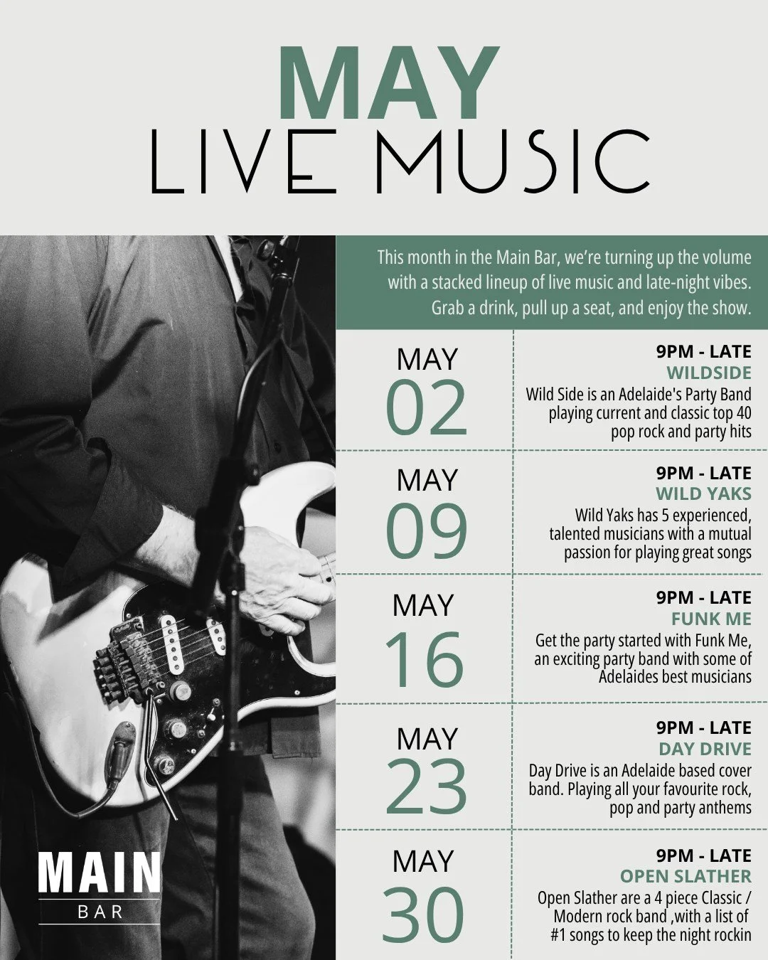 Our May live music lineup is here 🎸

Every Saturday night from 9pm, the Main Bar is turning up the volume with a stacked lineup of live bands and late-night vibes.

Grab a drink, lock in your crew, and make a night of it.

Line up:
May 2 - Wildside 