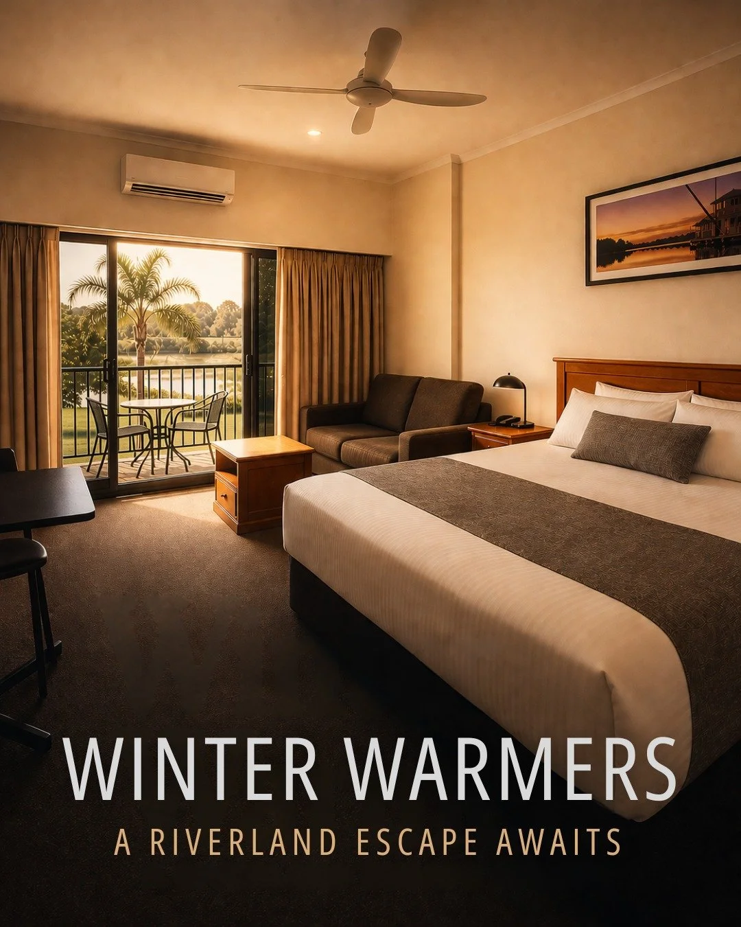 Winter has arrived &mdash; and so has your excuse to slow down.

Three nights.
Warm, comfortable rooms.
Local food, wine, and a little extra waiting for you on arrival.

Your Riverland escape starts here.

📞 Book direct to secure your Winter Warmers