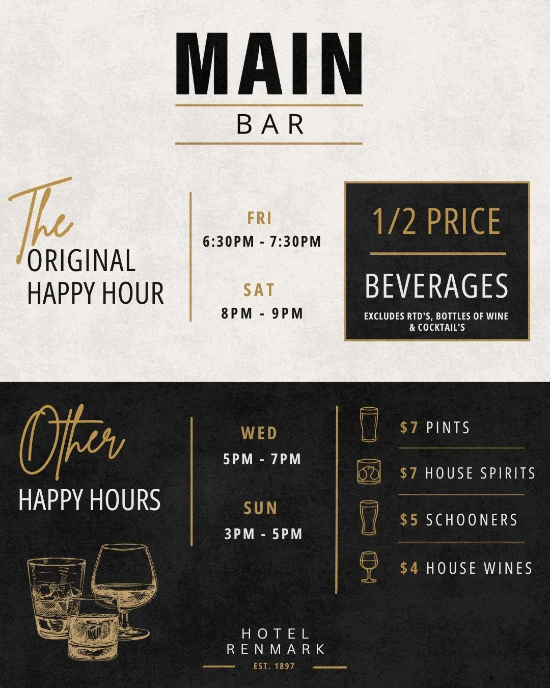 Midweek plans? Sorted. 🍻

Join us tomorrow night in the Main Bar for Happy Hour from 5PM &ndash; 7PM.

$7 Pints
$7 House Spirits
$5 Schooners
$4 House Wines

An easy excuse to knock off early, catch up with mates and settle into the week.

See you a