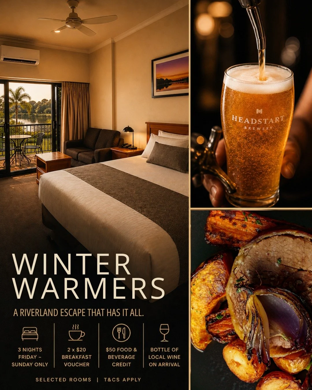 It&rsquo;s more than just a room.

It&rsquo;s slow mornings, something good in your glass, and a meal worth settling in for.

Winter Warmers &mdash; your Riverland escape, done properly.

Stay 3 nights (Friday&ndash;Sunday) and enjoy:
&bull; 2 x $20 