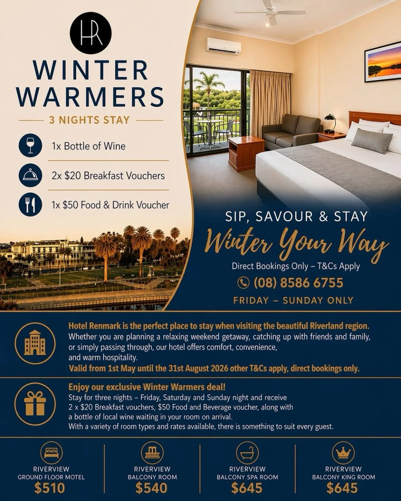 Your winter getaway, sorted ❄️

Stay 3 nights and receive a bottle of wine, breakfast vouchers, and a $50 food &amp; beverage voucher.

Available Friday to Monday stays only.

📞 Call (08) 8586 6755 to book direct or visit our website
T&amp;Cs apply 