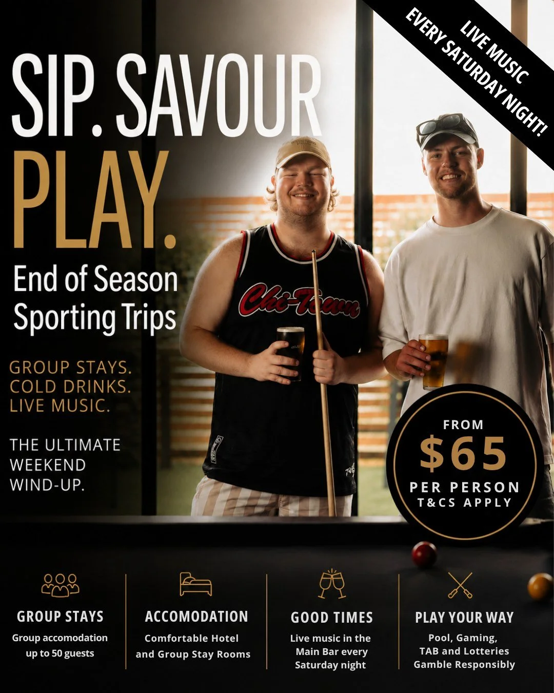 End-of-season trip pending? We&rsquo;ll handle the important stuff. 🍺🎱🔥

✔ Group stays
✔ Saturday night live music
✔ Cold beers on tap
✔ Pool, TAB &amp; Gaming (Gamble Responsibility) 
✔ Walking distance to absolutely nothing you need to stress ab