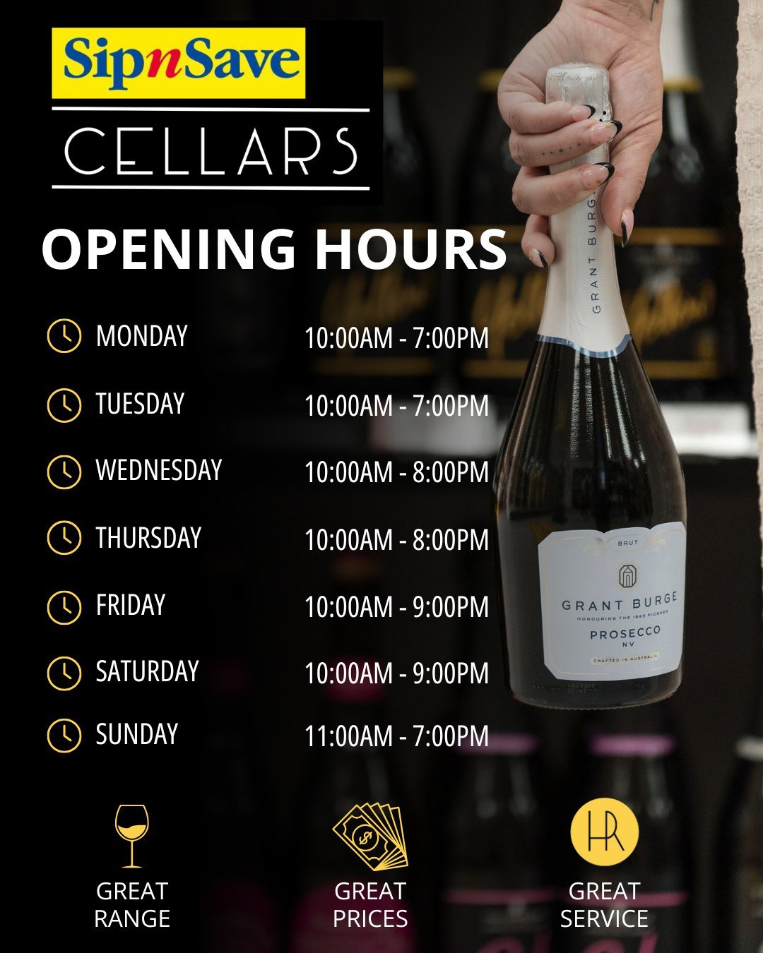 🕒 New Opening Hours at SipnSave Cellars 🕒

We've made a few changes to our trading hours to better serve our customers.

Whether you're picking up a bottle for dinner, stocking up for the weekend, or looking for your next favourite drop, our team i