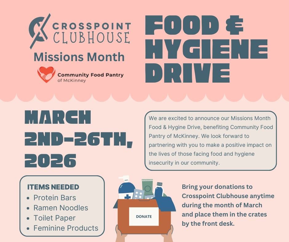 We are still collecting protein bars, ramen noodles, toilet paper, and feminine hygiene products to bless families through the Community Food Pantry of McKinney for Missions Month.

If you&rsquo;d like to participate, simply bring donations and place