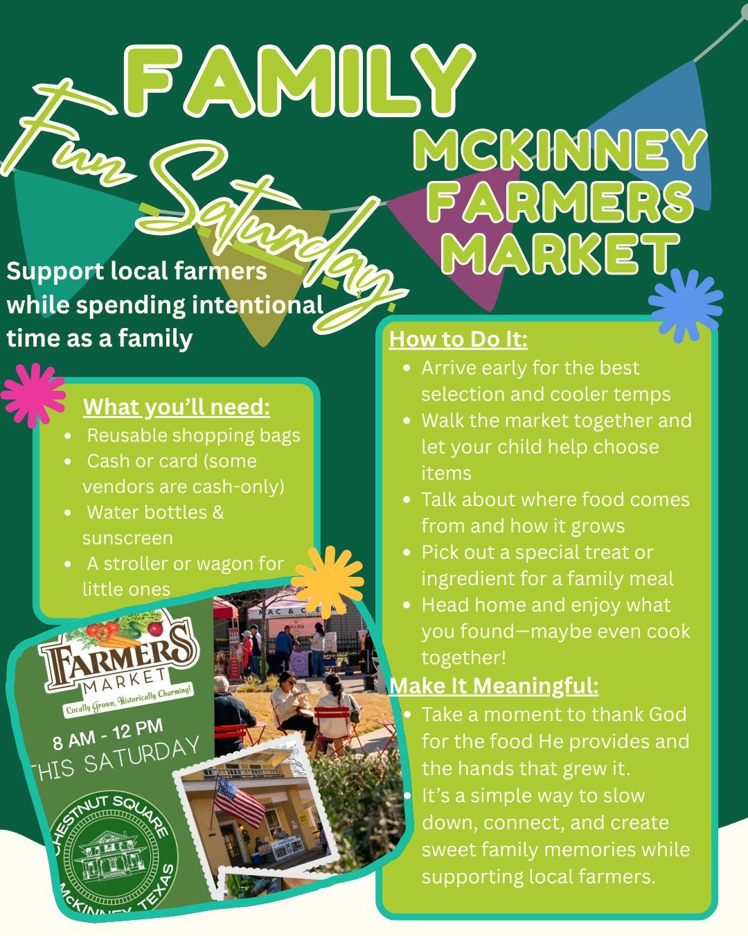 Family Fun Friday 🌿🍓

Looking for a simple way to make sweet family memories this weekend? Head over to the McKinney Farmers Market at Chestnut Square!

Stroll through the charming historic village, pick out fresh fruits and veggies, and let your l
