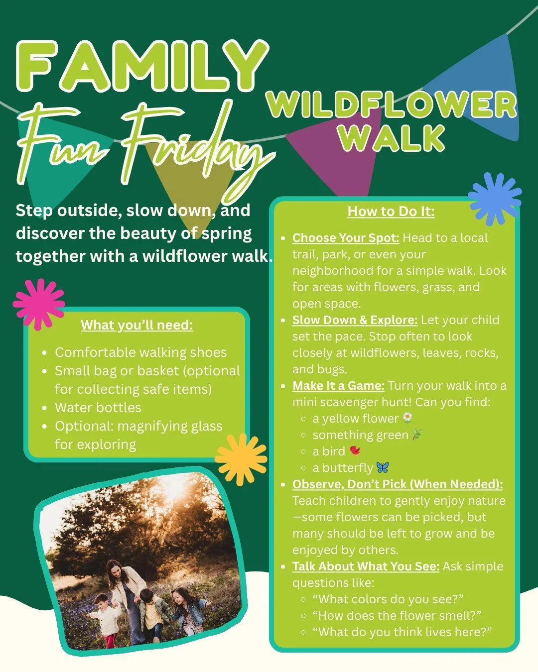 🌷Take a slow walk together this #FamilyFunFriday and enjoy the beauty of spring. Notice the flowers, listen for birds, and let your little one explore the wonder of God&rsquo;s creation. Simple moments like these help little hearts grow in curiosity