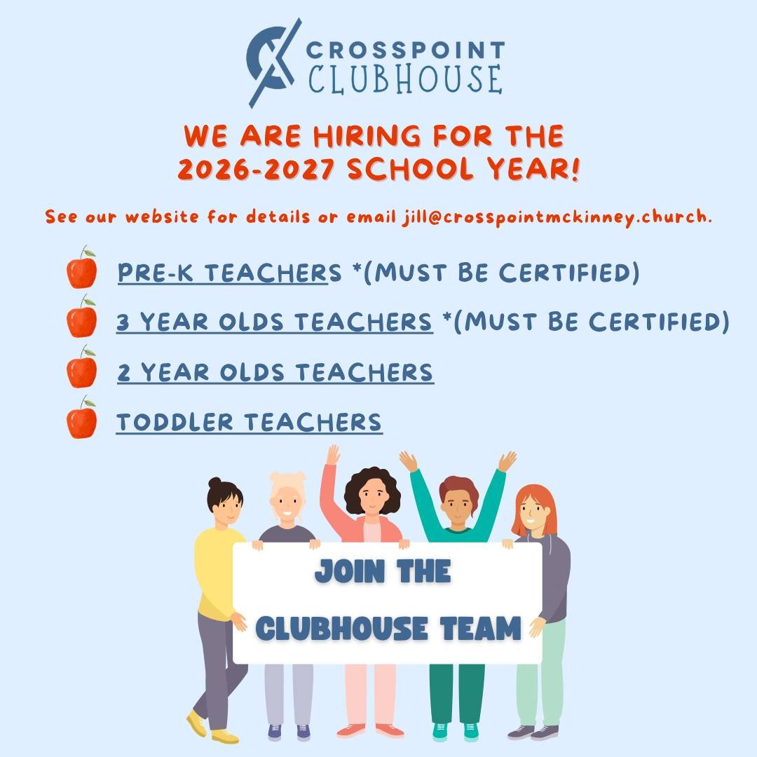 Crosspoint Clubhouse Preschool is now hiring teachers for the upcoming school year! If you have a passion for nurturing little learners, creating joyful classrooms, and pointing children to Jesus, we would love to meet you. 💙 Come be part of a team 