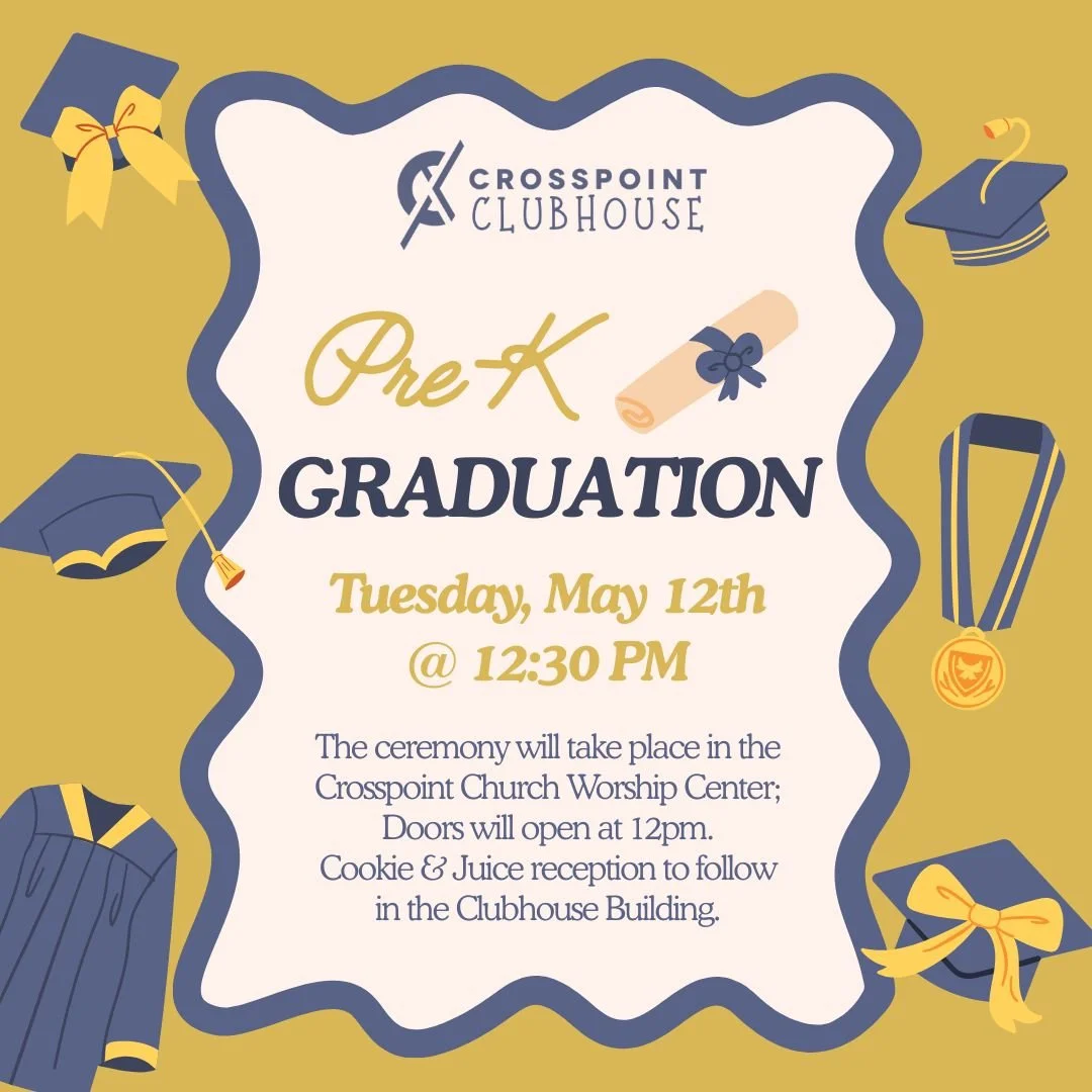 🎓✨ Our little graduates are getting ready to turn their tassels! ✨🎓 We are so excited to invite our Pre-K families to join us for our Crosspoint Clubhouse Pre-K Graduation Ceremony on Tuesday, May 12th at 12:30 PM in the worship center at Crosspoin