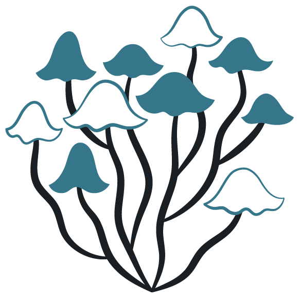 An illustrated cluster of frilly capped blue and white mushrooms