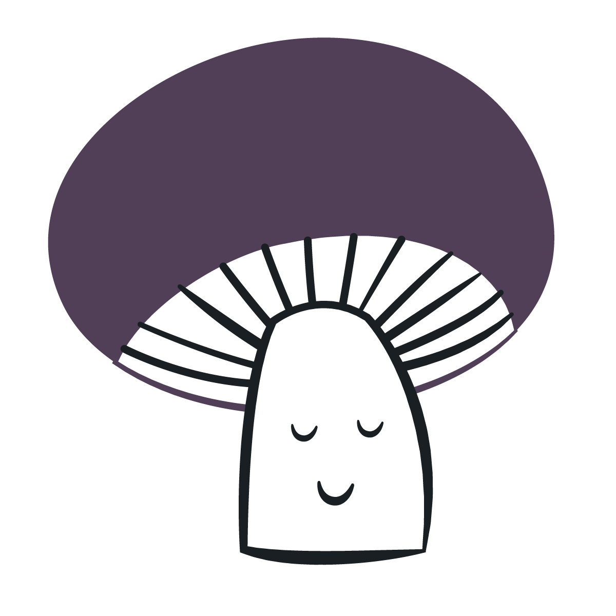 An illustration of a purple and white mushroom that is smiling