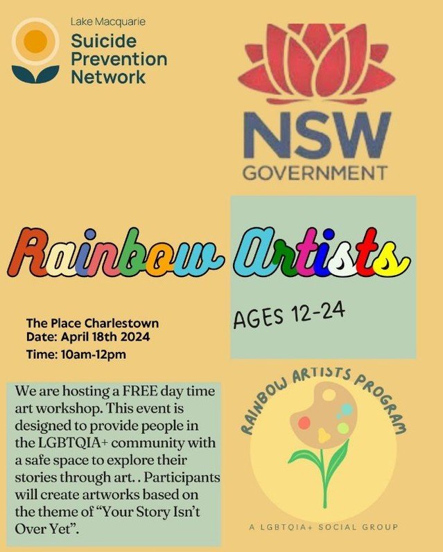 Lake Macquarie &amp; Newcastle Suicide Prevention Network- Active Autumn School Holiday Activities🎨

We are hosting a FREE day time art workshop for people of all skill levels. Registrations through Eventbrite https://loom.ly/AInSUow

This event is 