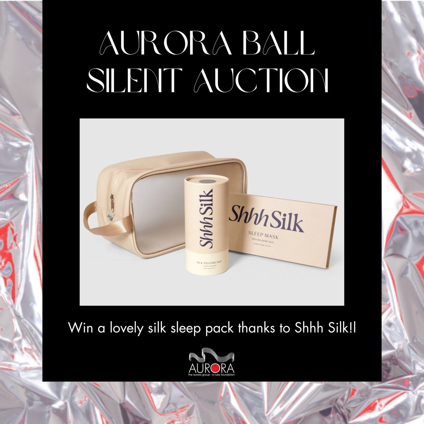 The fabulous team at Shhh Silk have donated this luscious silk Sleep Essentials Set to the Aurora Mirror Ball Silent Auction, which includes a silk pillowcase, silk eye mask and a cute cosmetics bag. 

The silent auction will go live online 2 weeks p