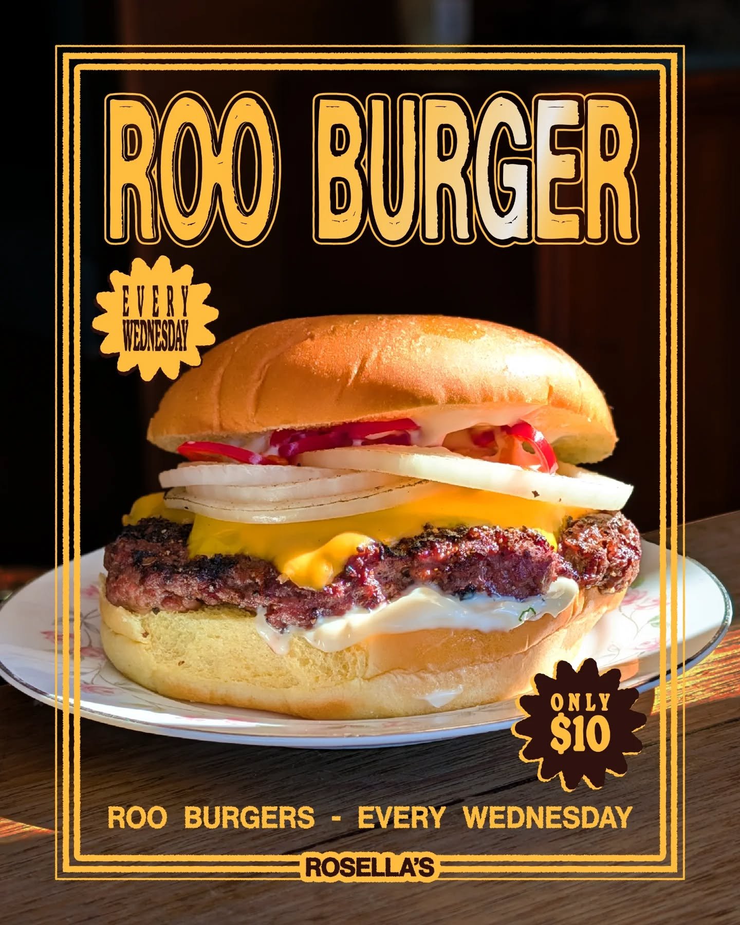 $10 Roo Burger 🍔 Every Wednesday 
We talk a lot about what Australian food actually is. For us, it&rsquo;s about leaning into what&rsquo;s already here. Kangaroo is easily the most sustainable protein we&rsquo;ve got&mdash;it&rsquo;s lean, it&rsquo;