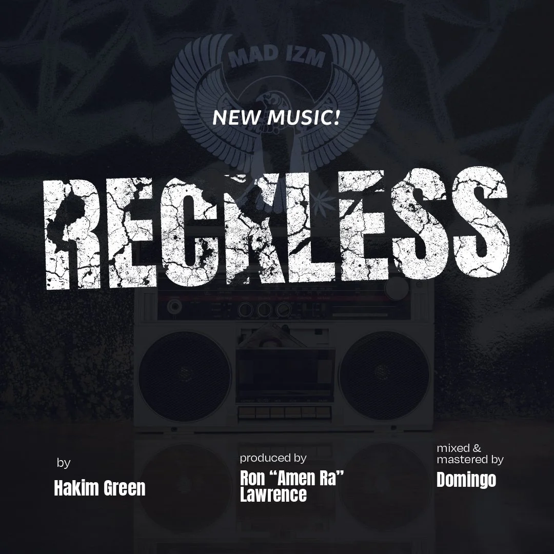 An album cover with the text "NEW MUSIC!" and "CHECKLESS" in large, cracked white letters. Background features a vintage boombox and a logo with wings and a lion, with production and mix credits at the bottom.