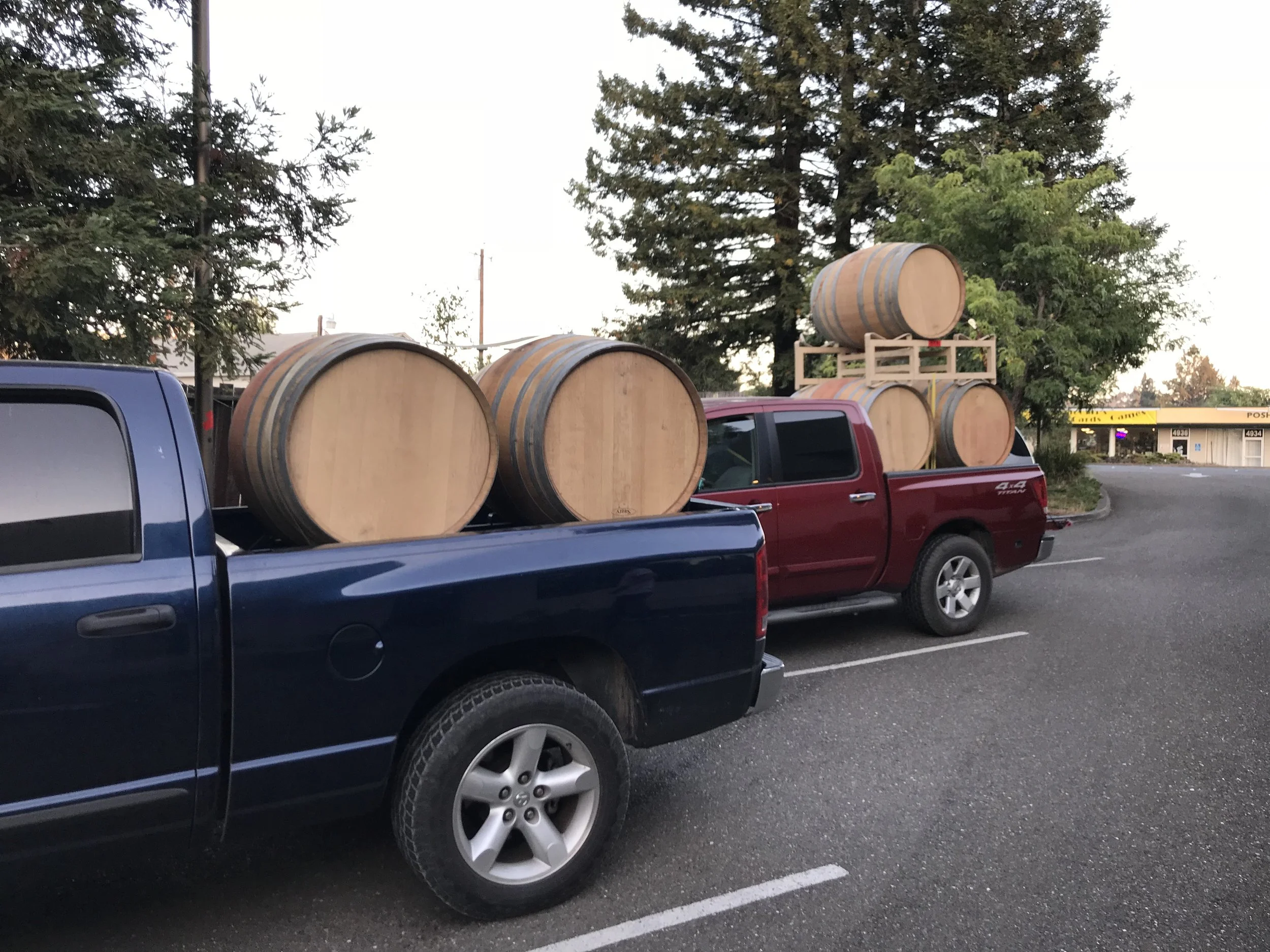 Two pickup trucks parked in a lot, loaded with large wooden wine barrels. The front truck is blue, and the rear truck is red, with some barrels on top of a rack.