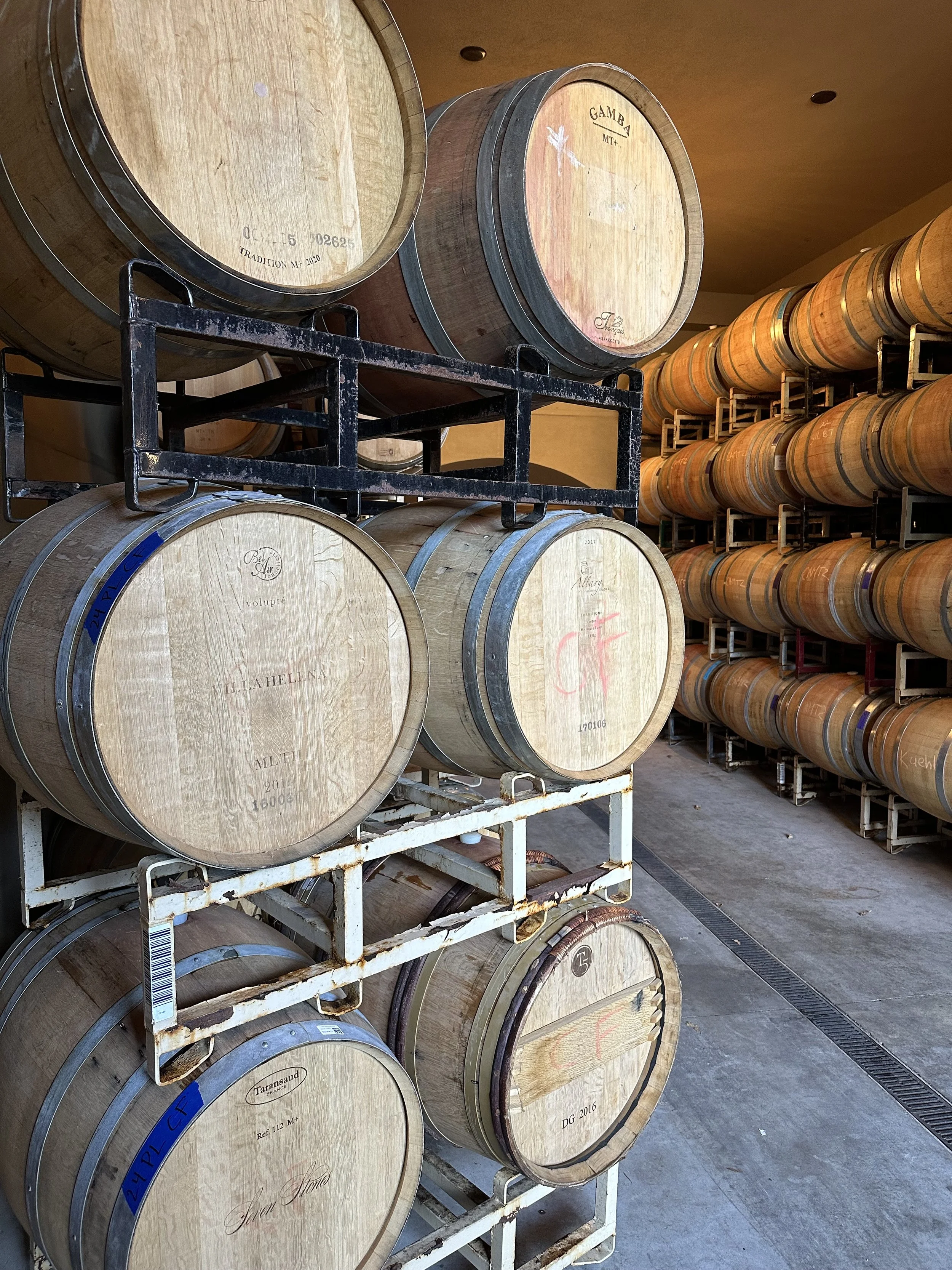 Wine barrels stored on racks in a cellar, with more barrels stacked in the background.