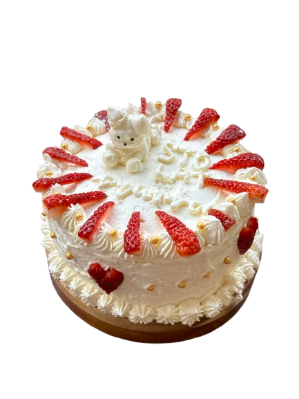 a strawberries and cream cake adela made for her mom's birthday that reads "sto lat mama" ("happy birthday mom" in polish) that links to her link tree