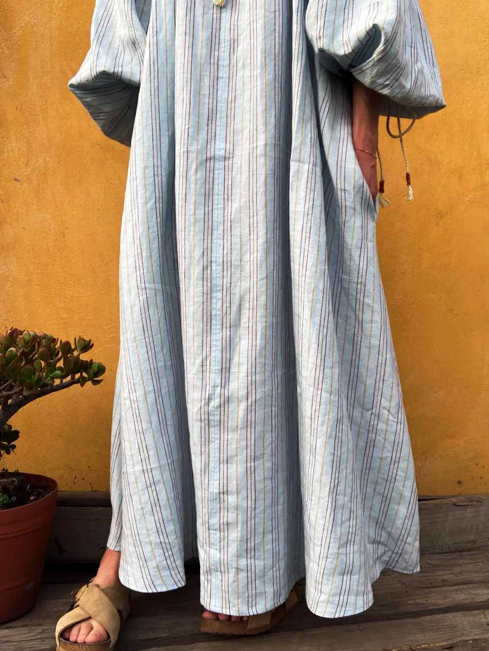 SKY TUNIC DRESS LIGHT BLUE WITH OCHRE RUST STRIPES — Stitching