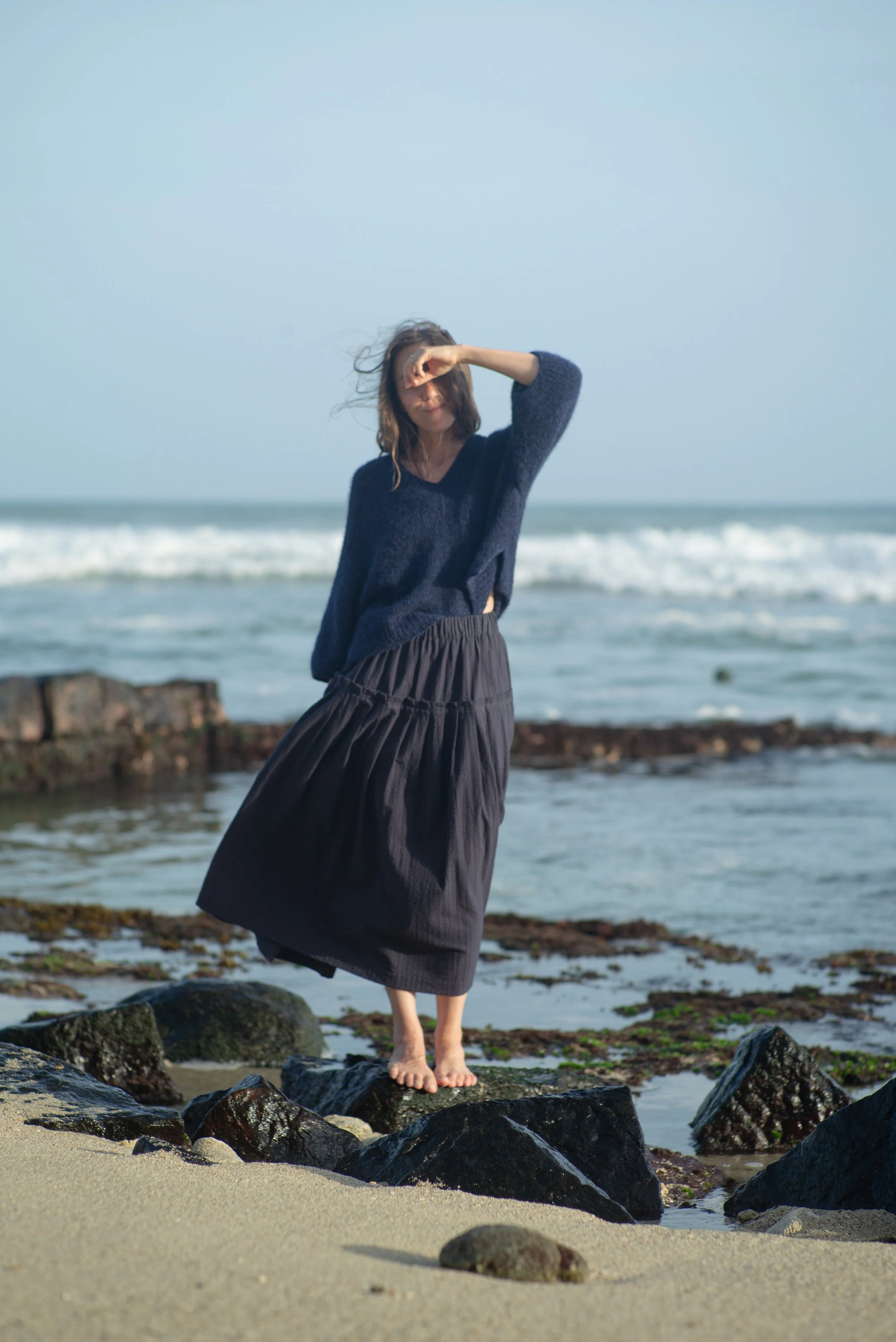 SEERSUCKER COTTON SKIRT | NAVY