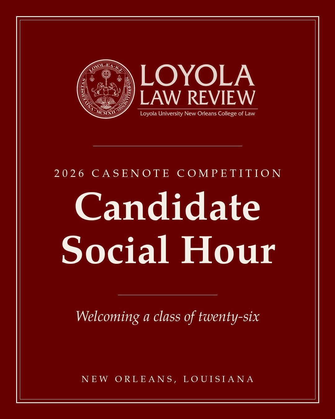 The 2026 Casenote Competition is in the books, and it gave us twenty-six new candidates. 🥂

Thank you to our Write-On Committee, our Casenote and Comment Editors, and our Candidate Development and Symposium Editor for the months of work behind this 