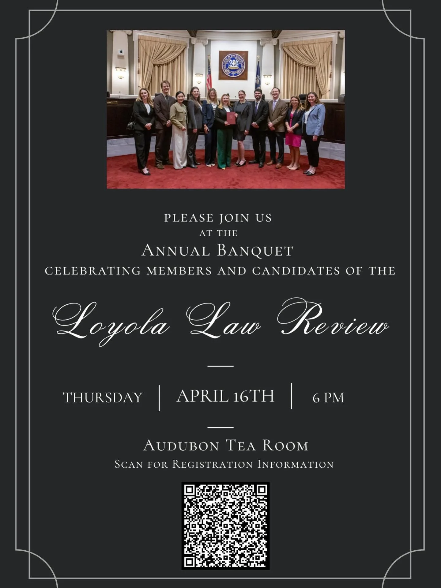 You&rsquo;re invited to join the Loyola Law Review for our annual banquet at the Audubon Tea Room on Thursday, April 16th. 

Scan the QR code or click on the link in our bio for registration and sponsorship information. The deadline to register is We