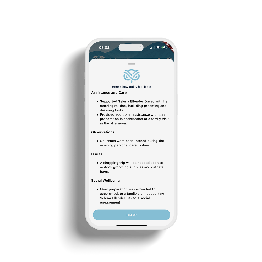 A smartphone screen displaying a report or checklist on a white background with a blue header and a light blue button at the bottom.